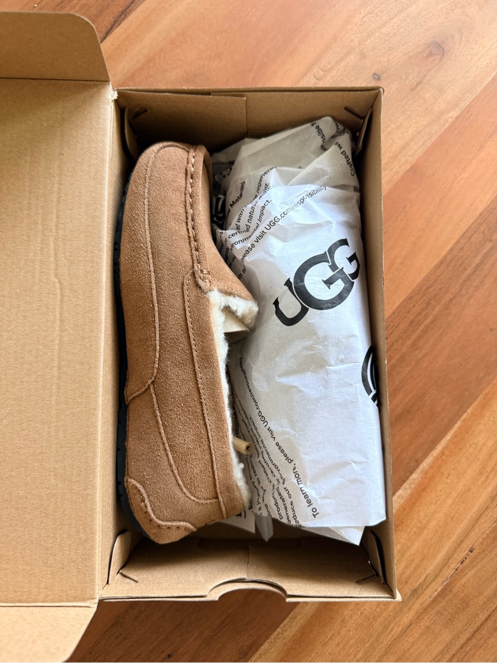 New in Box UGG Kids Ascot Chestnut Brown Suede Moccasin Slipper size 3
